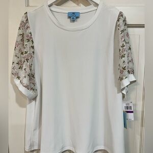 CeCe blouse with sheer floral sleeves